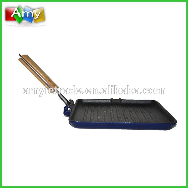 SW-F064B cast iron ribbed griddle/grill pan with foldable wire handle