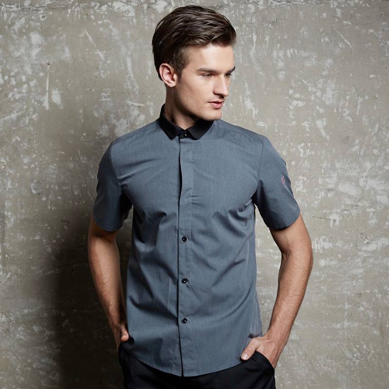GRAY Polyester Cotton Classic Short Sleeve Slim Fit waiter uniform Shirt CM185D5901H Featured Image