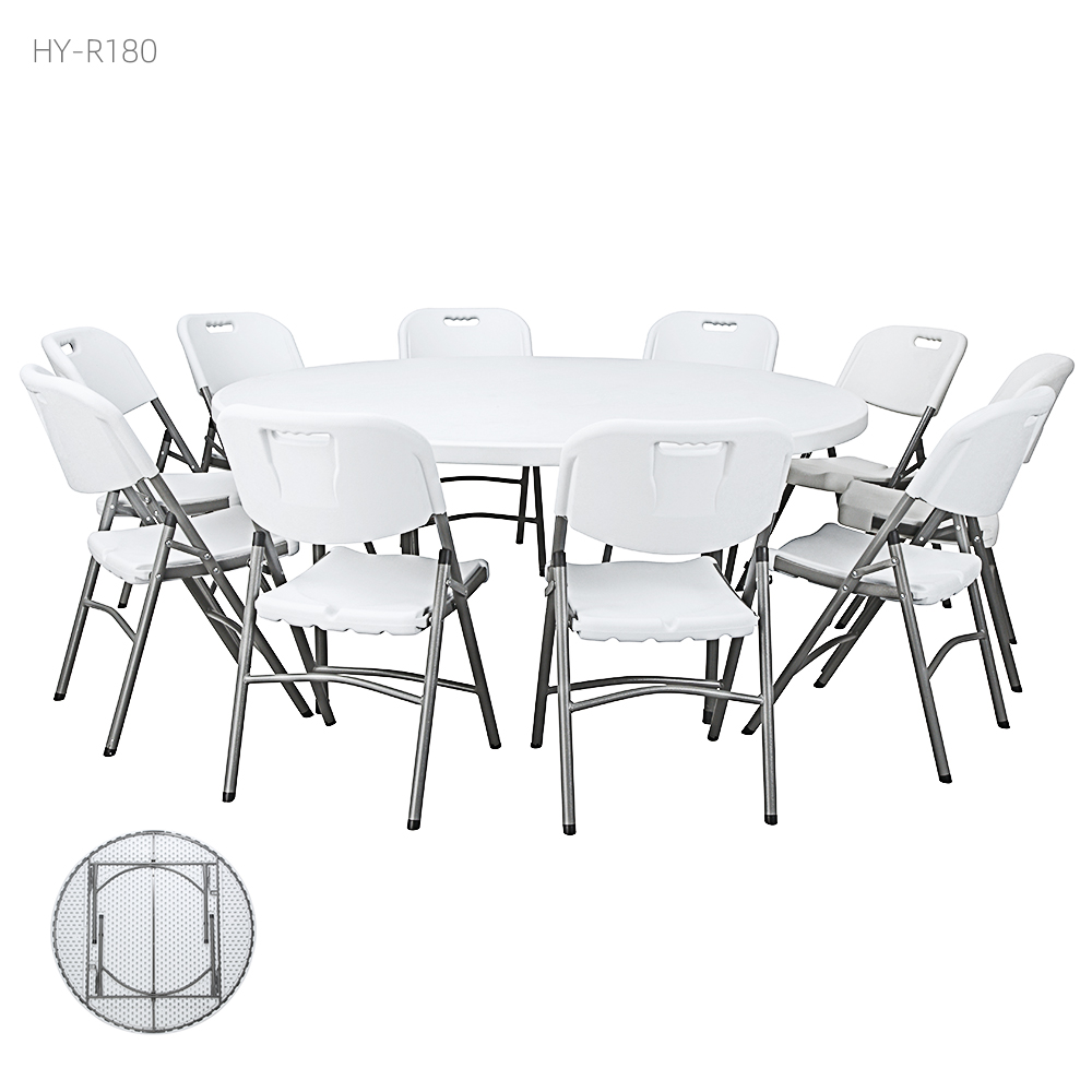 high quality 10 people adjustable outdoor furniture  round 180cm HDPE 10 people round white plastic folding table and chairs