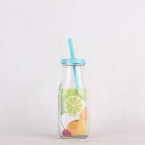 Beverage glass bottle with straw
