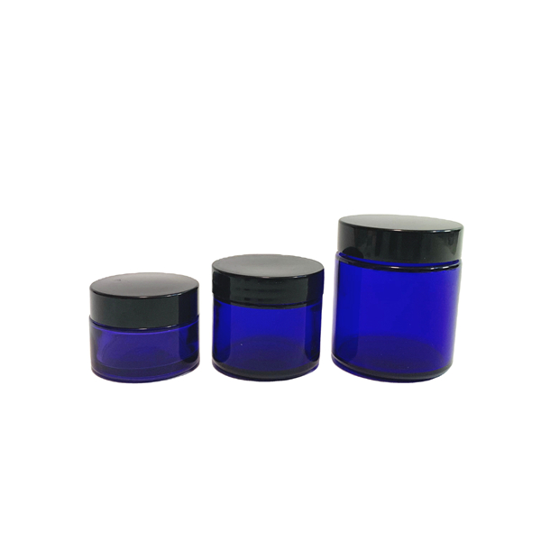 1oz 2oz 4oz cobalt blue glass cosmetic cream jar with black plastic lid Featured Image