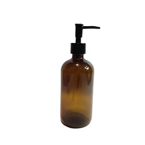 8oz amber boston round glass dish soap bottle with plastic dispenser pump