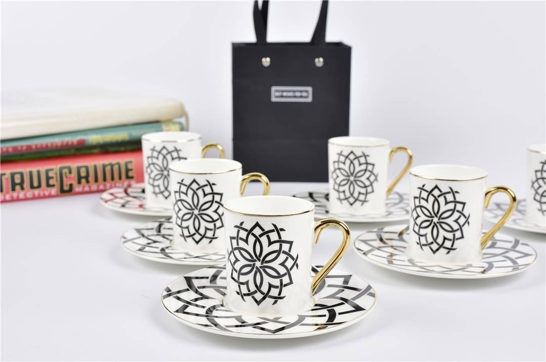 Van Cleef shape New bone china Espresso cup&saucer set , 90cc Espresso Cups with Saucers, cups with Golden Handle, for Espresso and coffee, Pattern Design (Set of 6) Featured Image