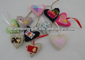Item 6807 fabric hearts with patch, with button, with ribbon