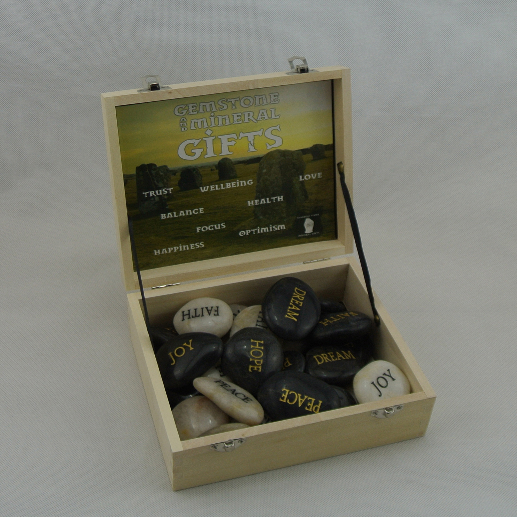 Pebble stone natural pebble with customize engravment in wooden display box