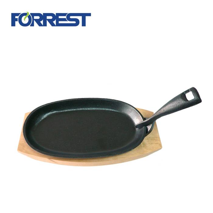 FDA,LFGB,Eurofins approved ellipse Frying pan with wooden Pre-Seasoned cast iron Cookware