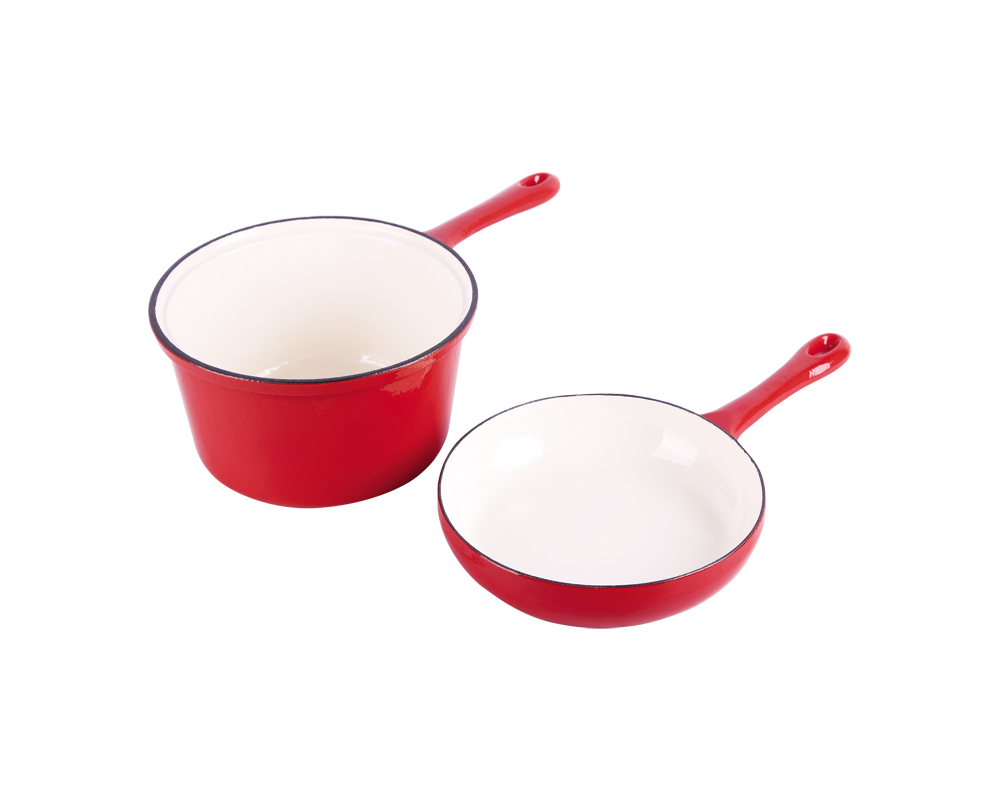 cast iron red enameled  dual-purpose skillet set Featured Image