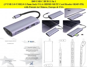 11 IN 1 USB-C Multi-port Adapter with Ethernet RJ 45,HDMII, 100 W PD, VGA, SD,TF,3xUSB3.0,USB2.0+3.5mm Jack