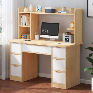 7 drawers writing computer desk for home office, for teens’ study room. In white and oak color. With bookshelf