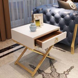 YF-H-206 Side Table with Self Closing Drawer Lacquer X Base Brass Finished Stainless Steel