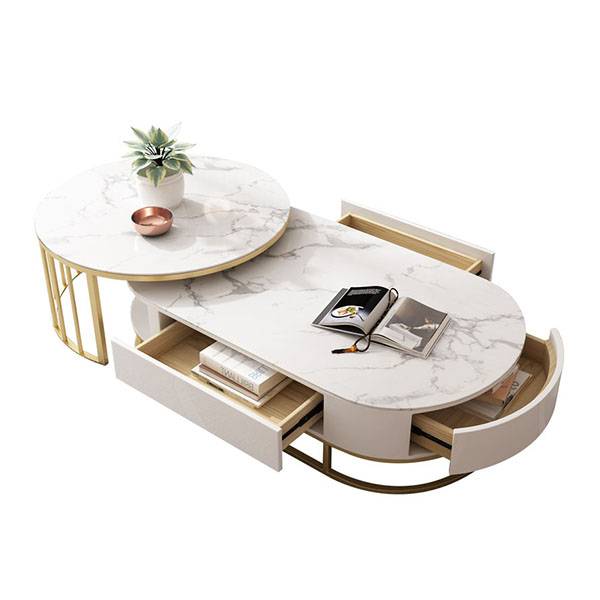 YF-H-906 Smart Round Coffee Table+TV stand with Rotatable Drawers in White & oak Featured Image