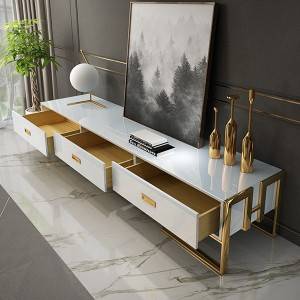 YF-H-901 TV Stand 3-Drawer Media Stand with Gold Frame & Tempered Glass Top