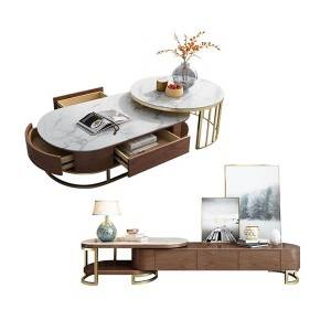 YF-H-906 Smart Round Coffee Table+TV stand with Rotatable Drawers in White & oak