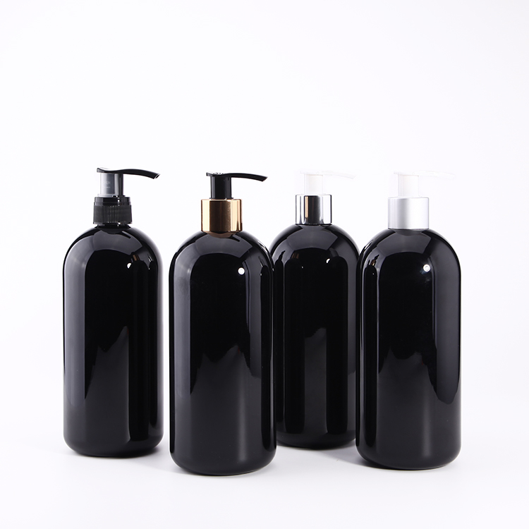 customized black gloss pet boston round shoulder bottle with pump cap/mist spray cap, solid black lotion pump bottle