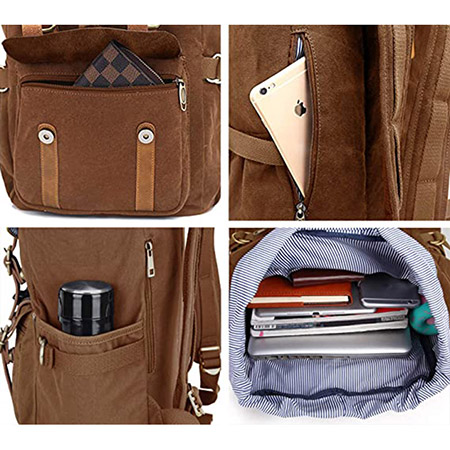 Canvas Leather Backpack Hiking Backpack Travel Rucksack School Bag (6)