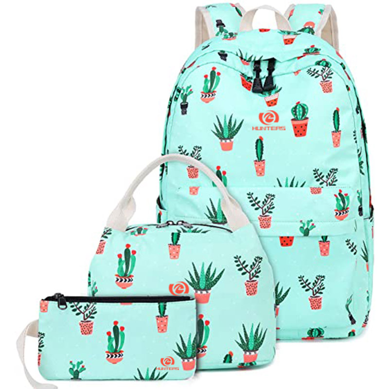 School Backpack for Girls Teens Bookbag Set Cute Student Backpack 3 In 1, School Bags + Lunch Box + Pencil Case (Cactus )