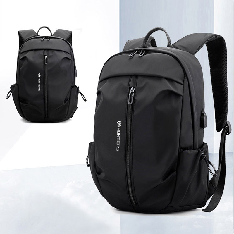 USB Backpack Men Nylon Waterproof Travel Bag New Simple Pure Color Backbag Leisure Light Fitness Male Bag Sports Bag Black Gray