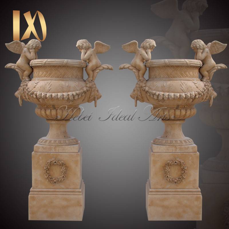 Hand carved outdoor natural marble planter with angel for garden for sale