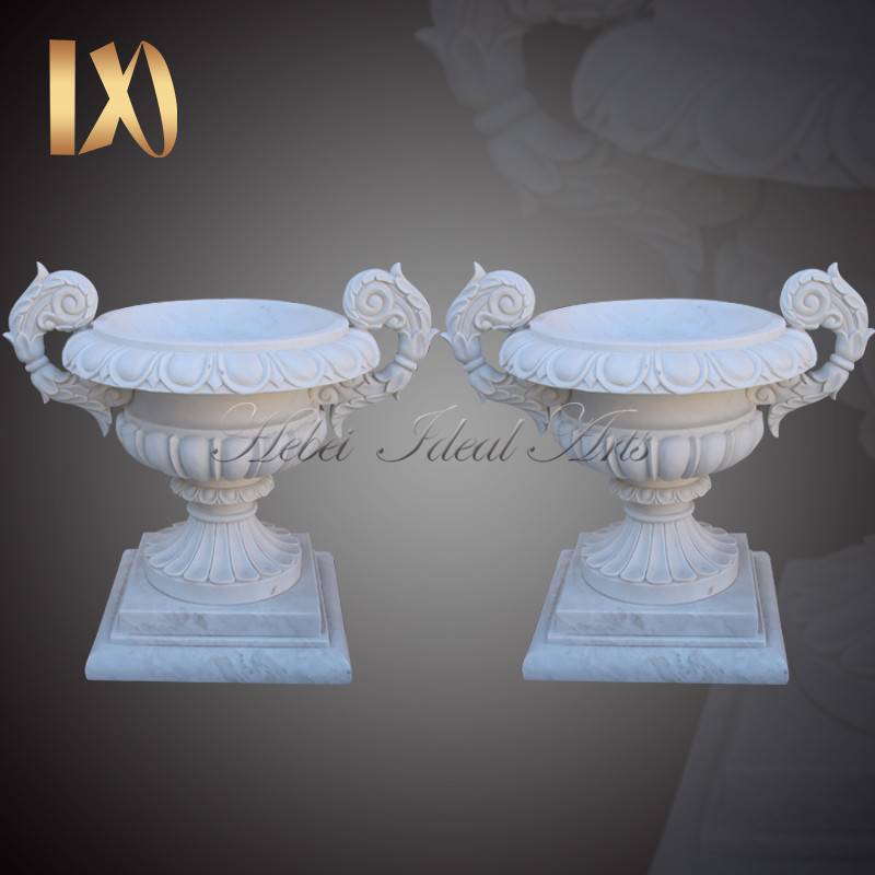 White outdoor garden marble planter with round basin for sale Featured Image