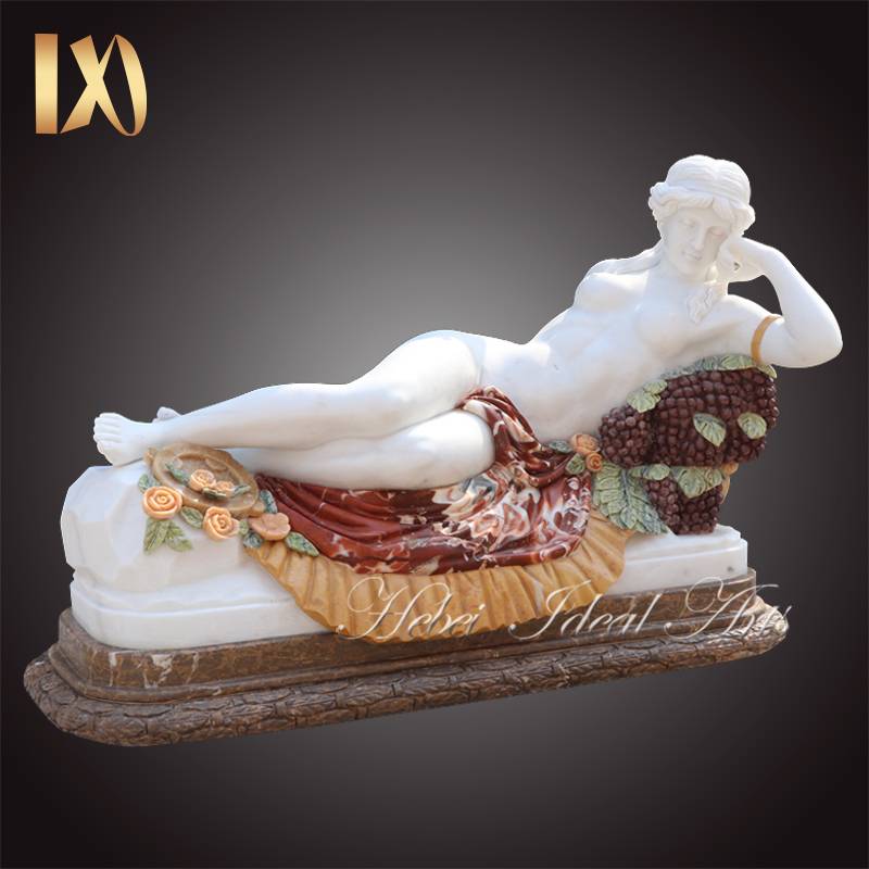 Hand Carved Marble Lying Woman With Flowers Sculpture