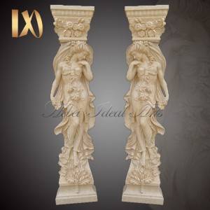 Large Yellow Greek Marble Figure Statue Column of Female Caryatid Carving Pillar Design for Sale