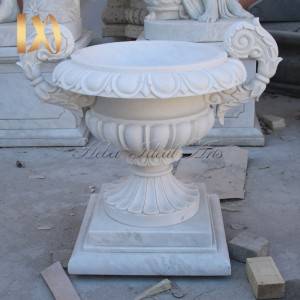 White outdoor garden marble planter with round basin for sale