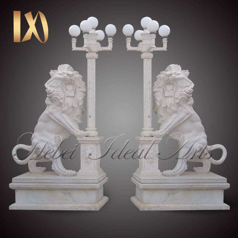 White Marble Winged Lion Statue with lamp for sale