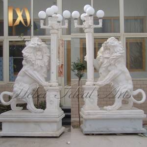 White Marble Winged Lion Statue with lamp for sale