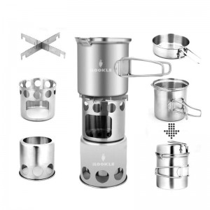 Stainless Steel Camping Cookware Set with Wood Stove for 1-2 Adult