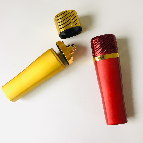 Cosmetic red microphone 100ml perfume glass bottle with aluminum spray cap Featured Image