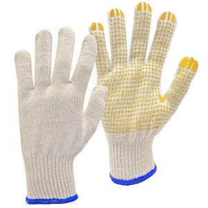 Natural white / blue PVC-Dotted String Knit Gloves