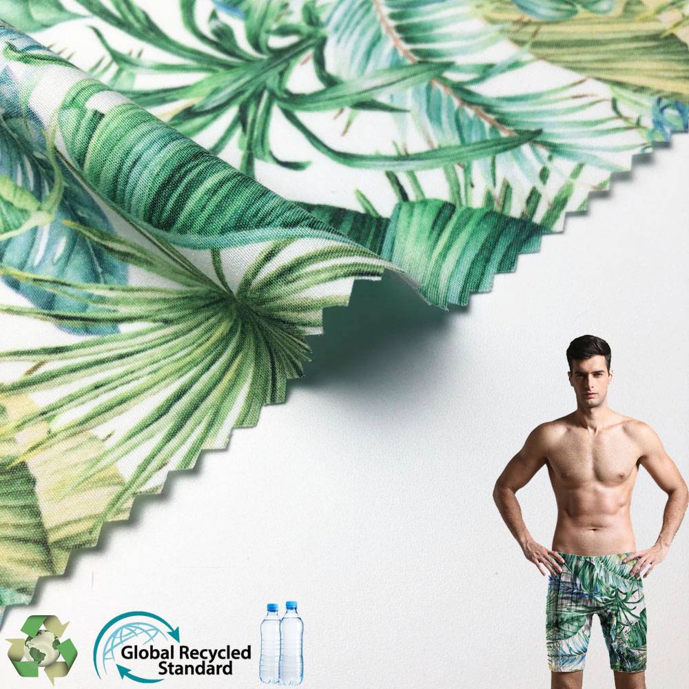Rpet Customize In Stock Four Way Stretch Waterproof Printed Polyester Transferpeach Skin Fabric For Beach Wear Featured Image