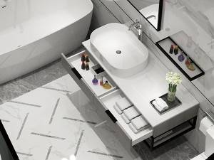 Wall mounted quartz top sink  stainless steel shelf melamine bathroom vanity-2023120