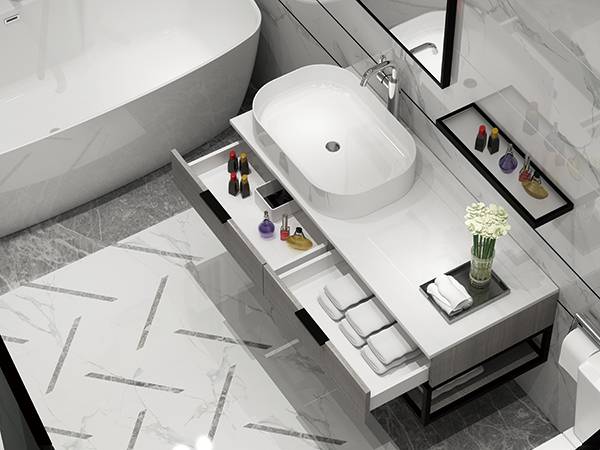 Wall mounted quartz top sink  stainless steel shelf melamine bathroom vanity-2023120 Featured Image