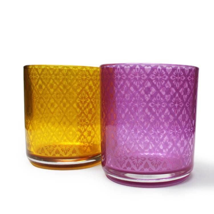different size pink yellow colored customized pattern decorating decorative empty  glass candle holder 500 ml