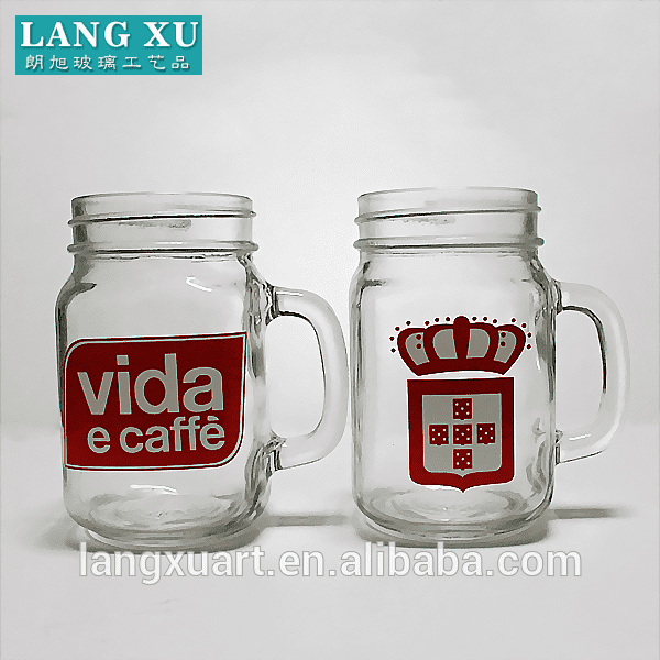 8oz 12oz 16oz custom logo printed mason jar drinking glass with handle wholesale mugs