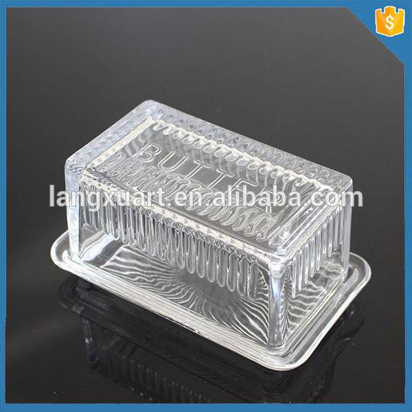 Hand pressed 16.7cm Length unique clear glass butter dish with lid