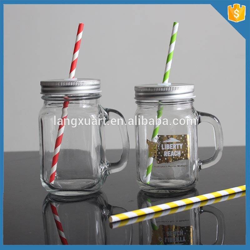 Vintage Looking Drinking Jars, Glasses with Handles, Lids Striped Straws