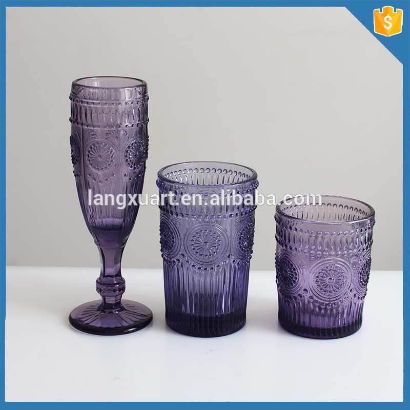 LXHY-T012 hand made old fashioned sunfolower coloured embossed glass tumbler