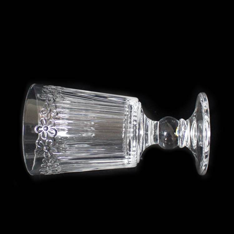 Langxu bulk italian glassware new design flower embossed thick clear glass cheap wine glass goblet