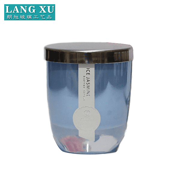 customize graceful pearl blue glass candle jar with lid