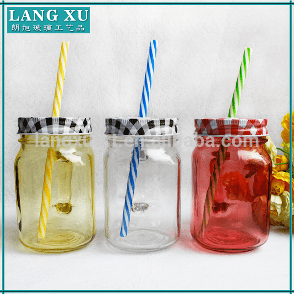 yellow red colorful Ball Mason jar with straw metal lid