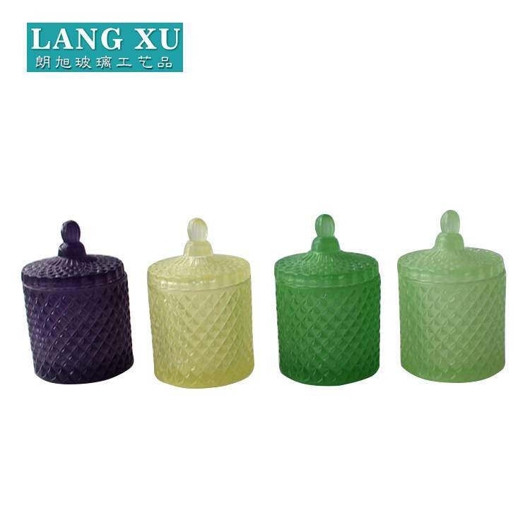 LXHY-T066 hot sell decorative diamond pattern vintage style different sizes geo cut glass candle jar
