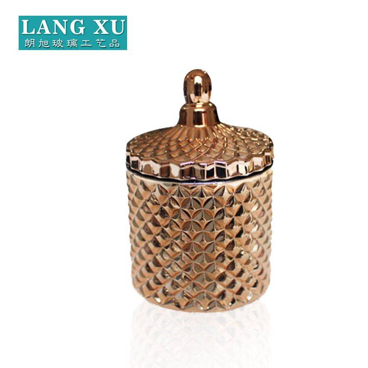 Large size vintage decorative electroplating diamond rose gold glass jar with lid for candle making