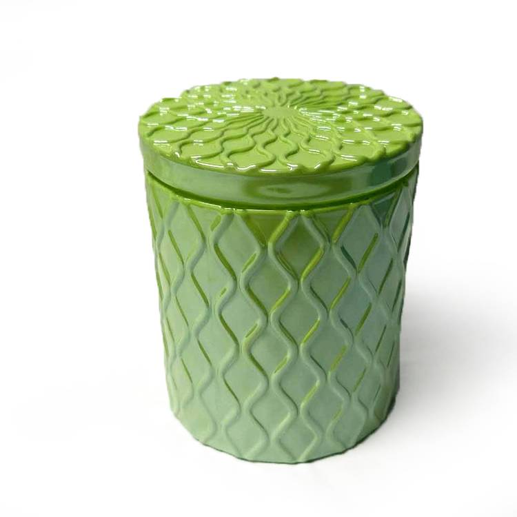 D8*H9.5cm*450g  luxury waves embossed bright green glass  jewelry container box/jar with glass lid