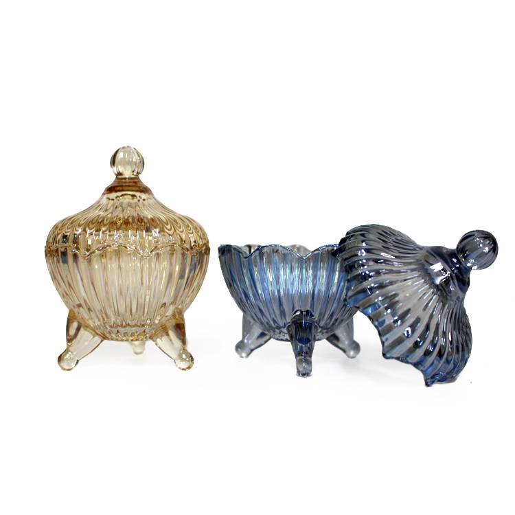 hot selling different sizes ridged blue or amber colored glass bowls for sugar with three legs