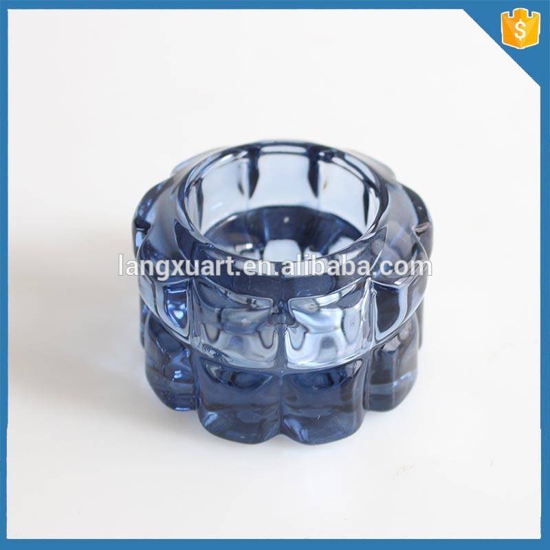 Blue colored flower shaped glass chunky tealight holder candle stand glass