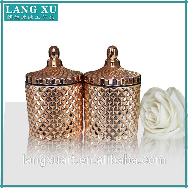 LXHY-T066 diamond geo cut glass empty rose gold candle holder with lid