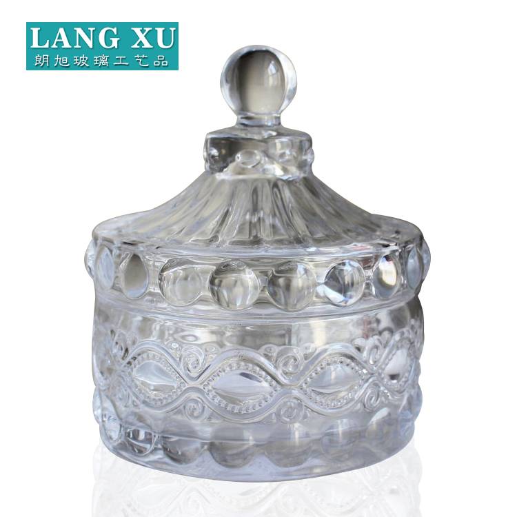 embossed pattern eyewinker vintage glass candle jar with glass lid