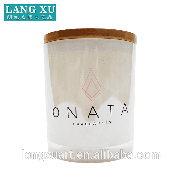 OEM 360ml 9X10cm custom logo white glass candle jar with bamboo lid wood lid wholesale